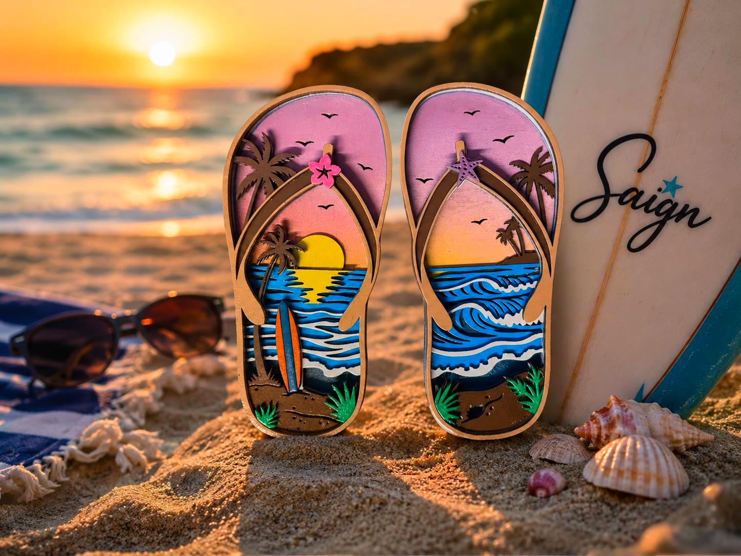 Tropical Flip Flop Wall Decor | Beach Sunset Sandals | Coastal Wooden Wall Art | 5 Layer Sign