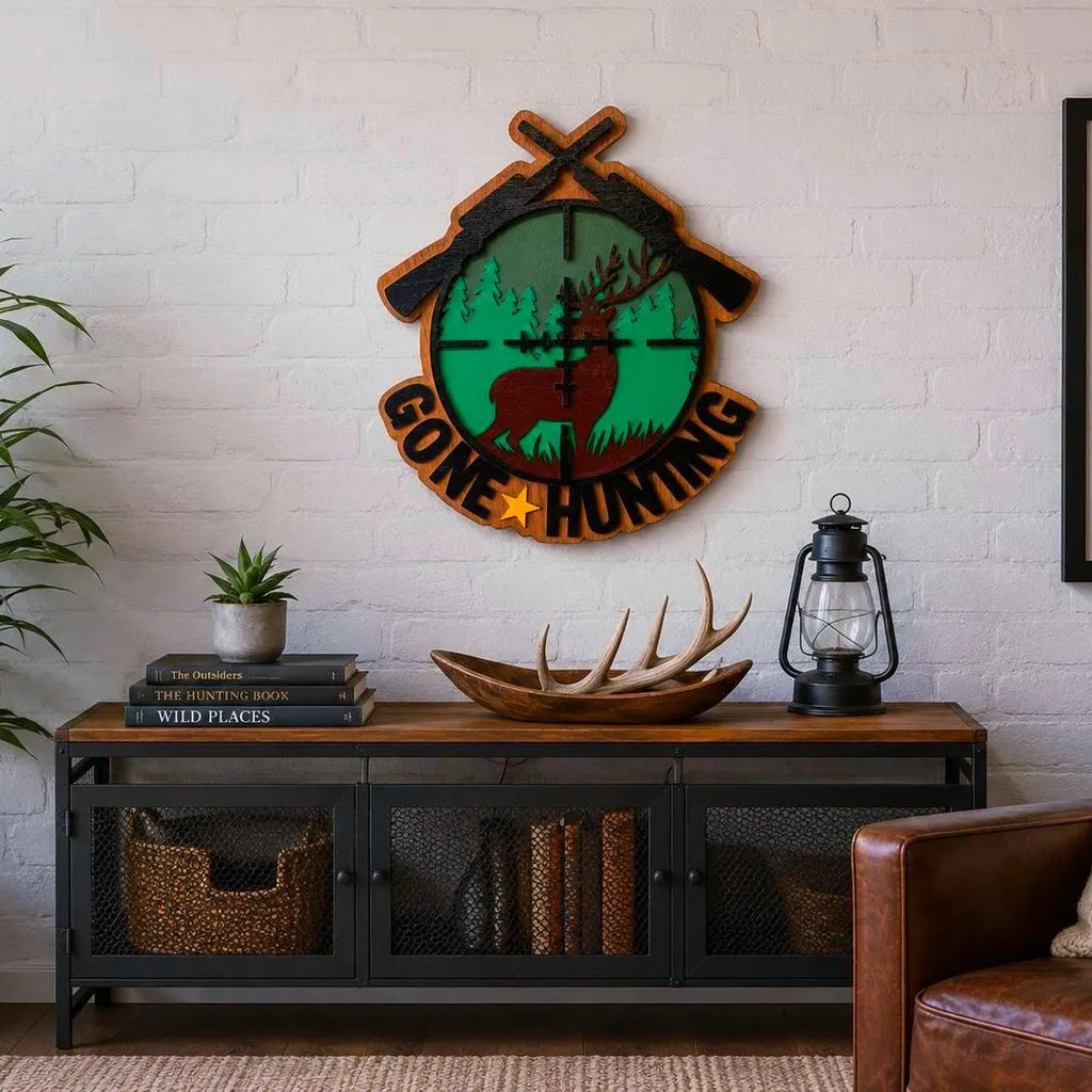 Gone Hunting Wooden Sign | Layered Hunting Wall Decor | Rustic Deer Cabin Sign