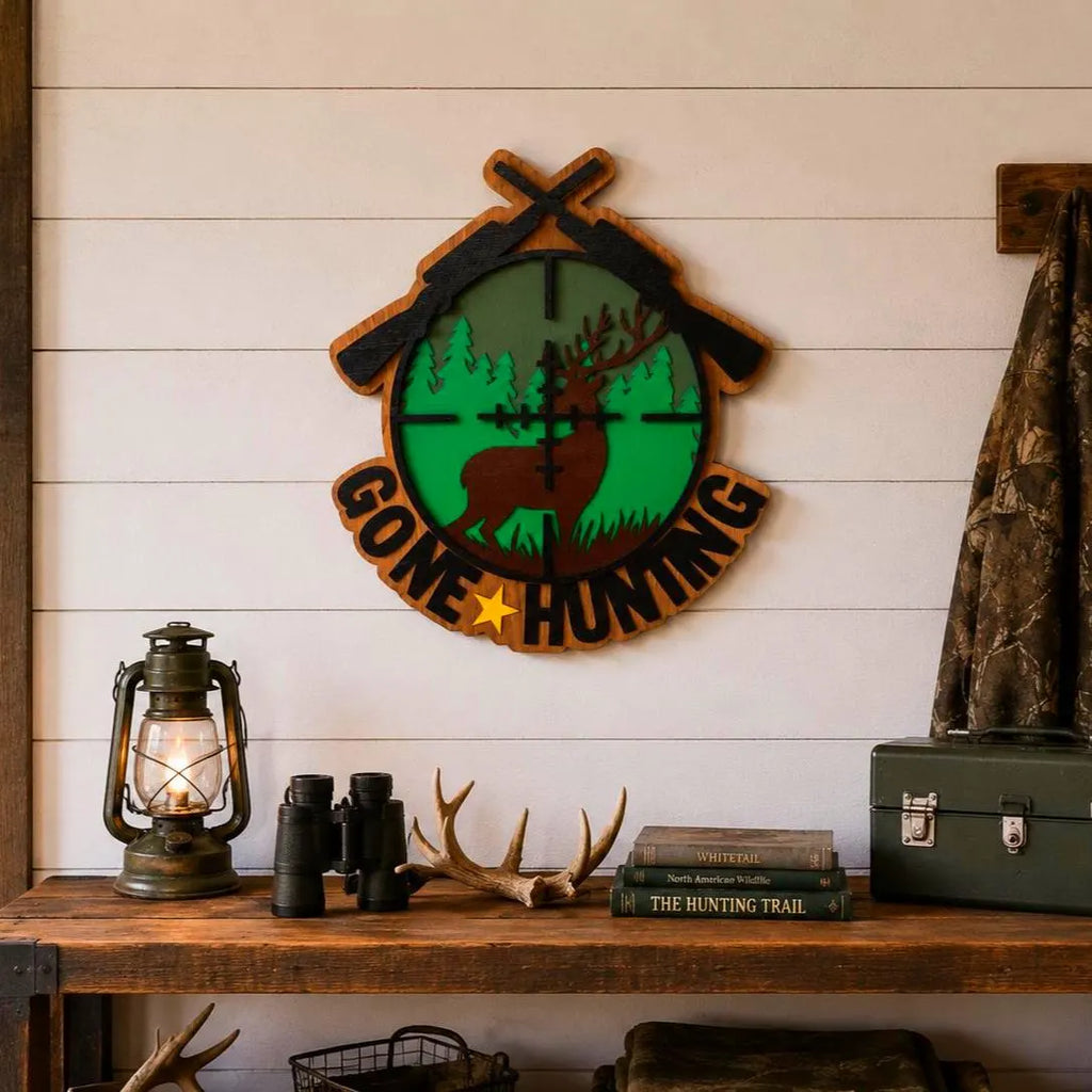 Gone Hunting Wooden Sign | Layered Hunting Wall Decor | Rustic Deer Cabin Sign