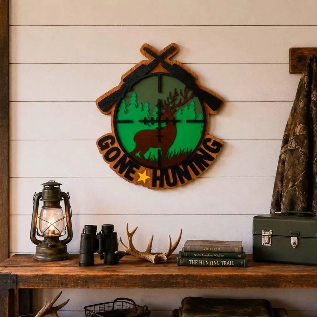 Gone Hunting Wooden Sign | Layered Hunting Wall Decor | Rustic Deer Cabin Sign