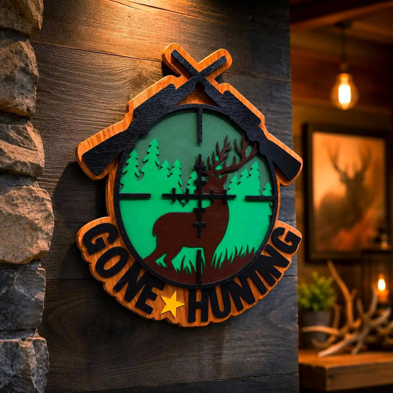 Gone Hunting Wooden Sign | Layered Hunting Wall Decor | Rustic Deer Cabin Sign