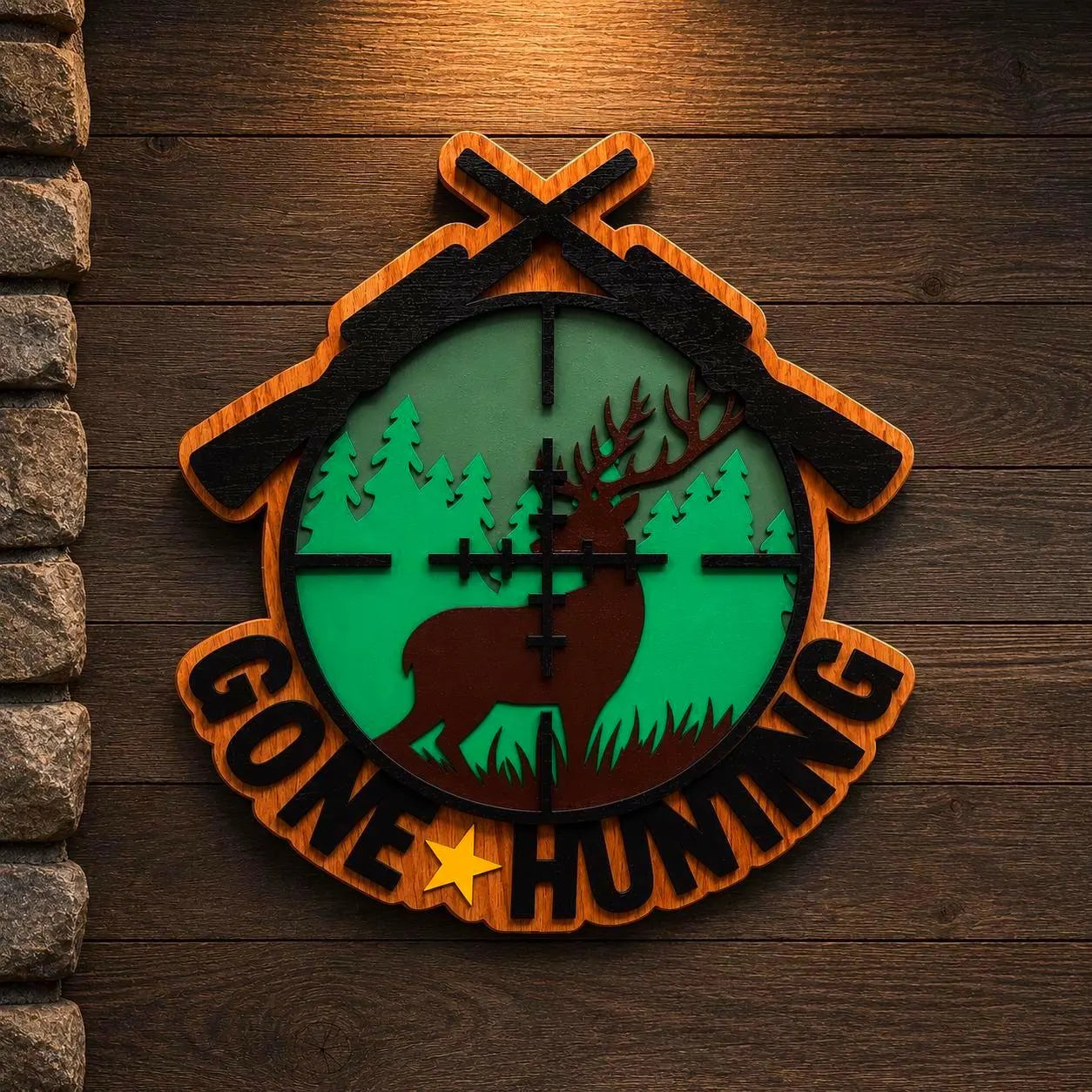 Gone Hunting Wooden Sign | Layered Hunting Wall Decor | Rustic Deer Cabin Sign