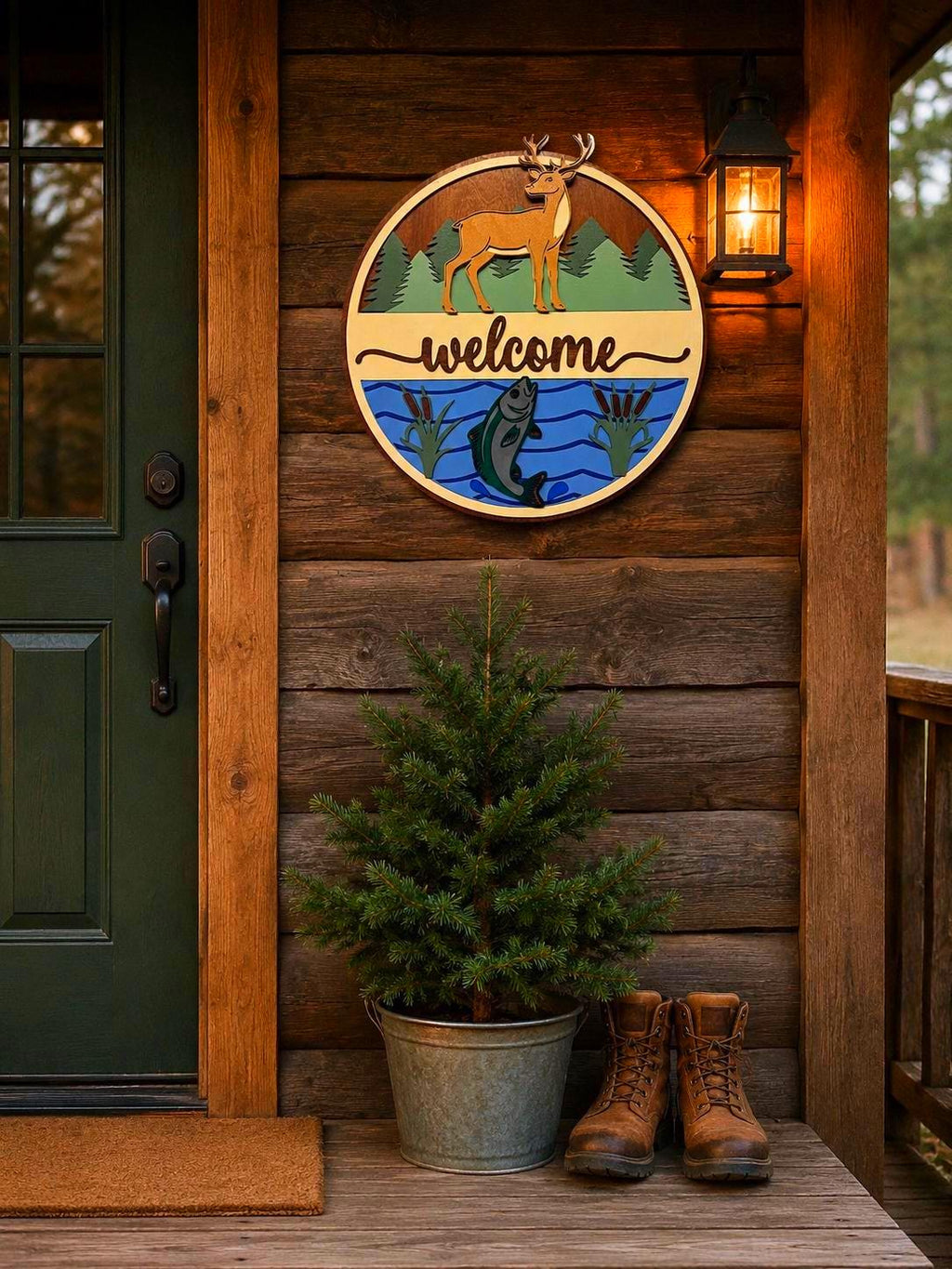 Deer & Fishing Welcome Sign | Cabin Wall Decor | Lake House Welcome Sign