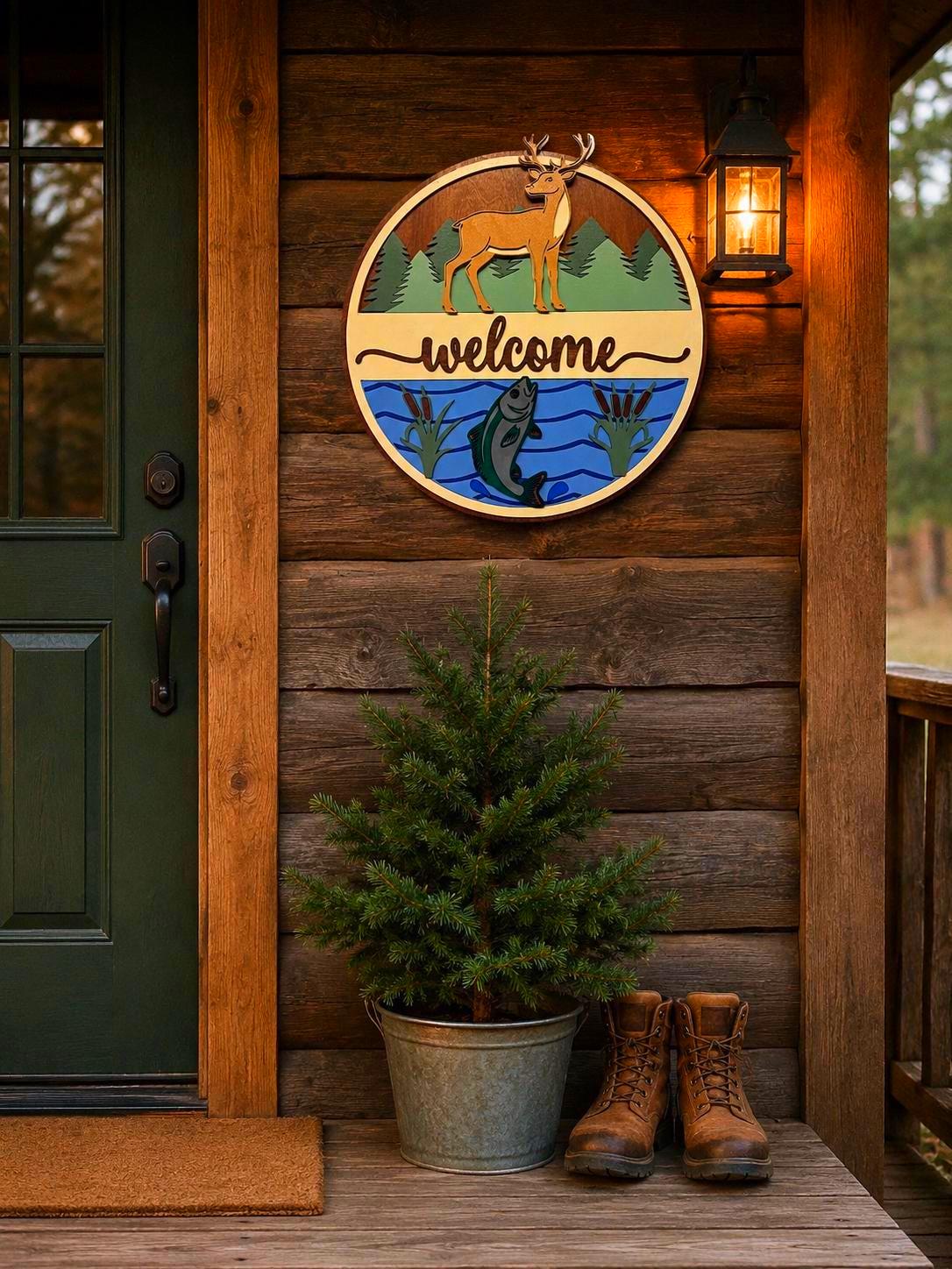 Deer & Fishing Welcome Sign | Cabin Wall Decor | Lake House Welcome Sign
