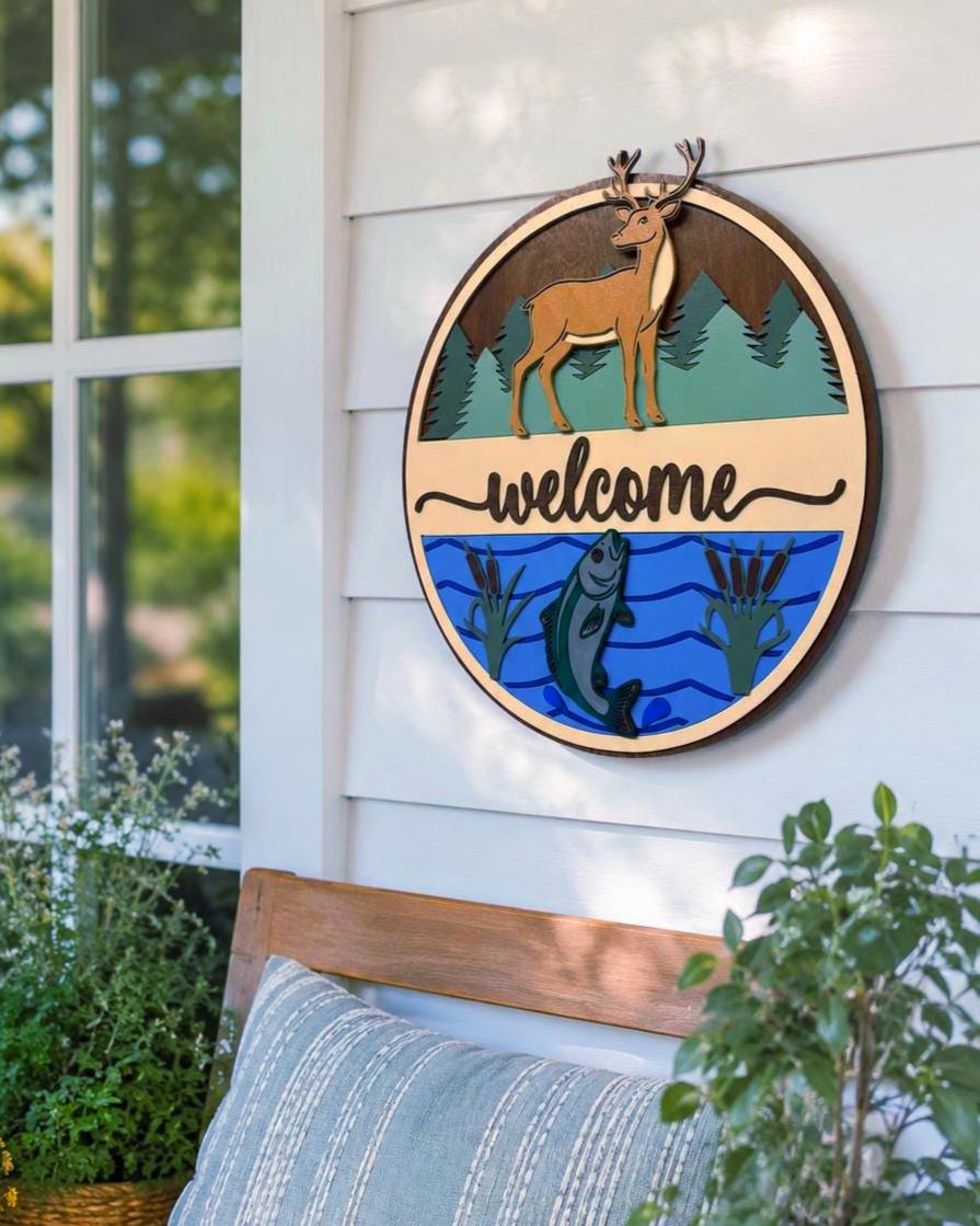 Deer & Fishing Welcome Sign | Cabin Wall Decor | Lake House Welcome Sign
