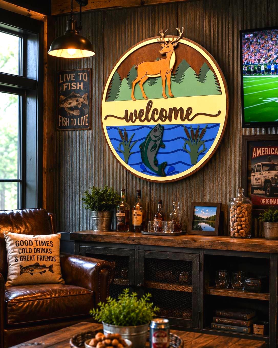 Deer & Fishing Welcome Sign | Cabin Wall Decor | Lake House Welcome Sign
