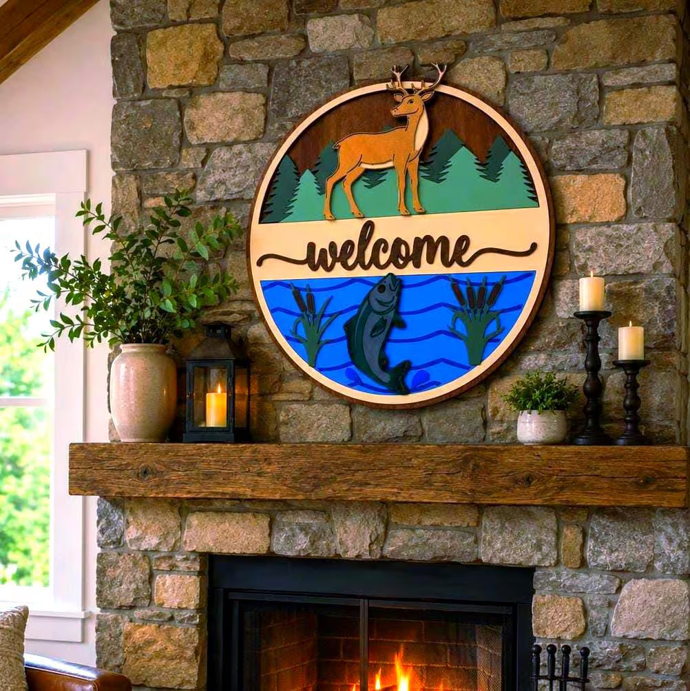 Deer & Fishing Welcome Sign | Cabin Wall Decor | Lake House Welcome Sign