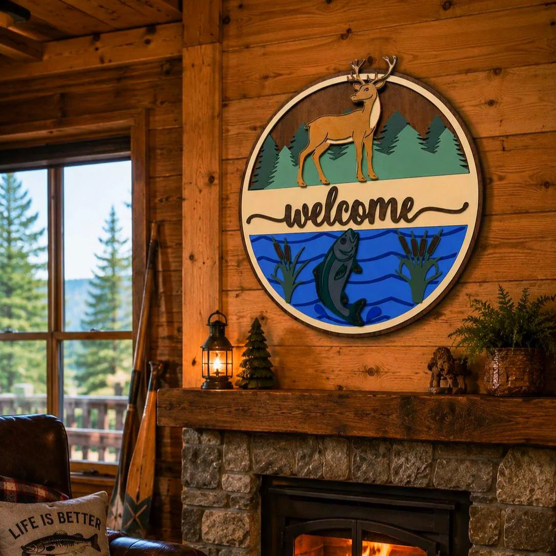Deer & Fishing Welcome Sign | Cabin Wall Decor | Lake House Welcome Sign