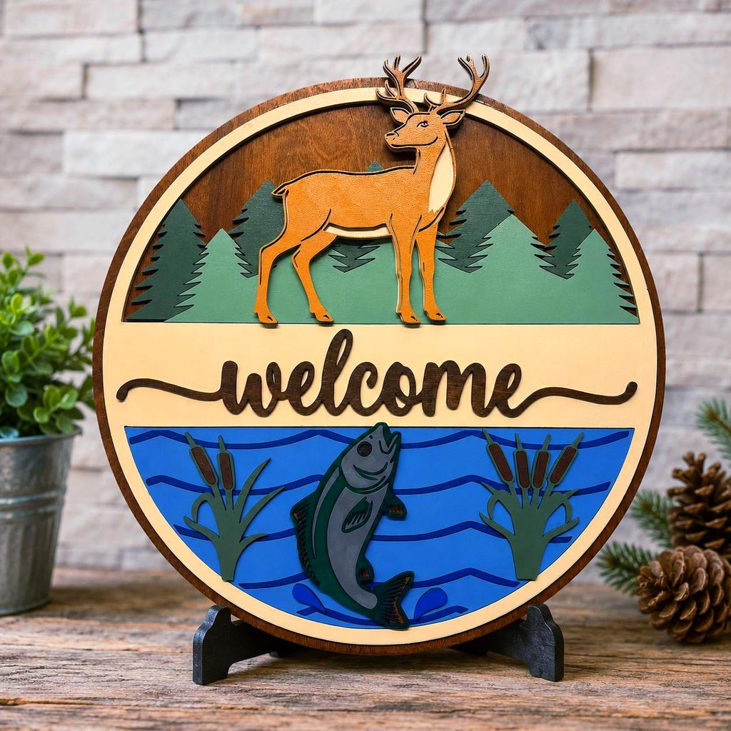 Deer & Fishing Welcome Sign | Cabin Wall Decor | Lake House Welcome Sign