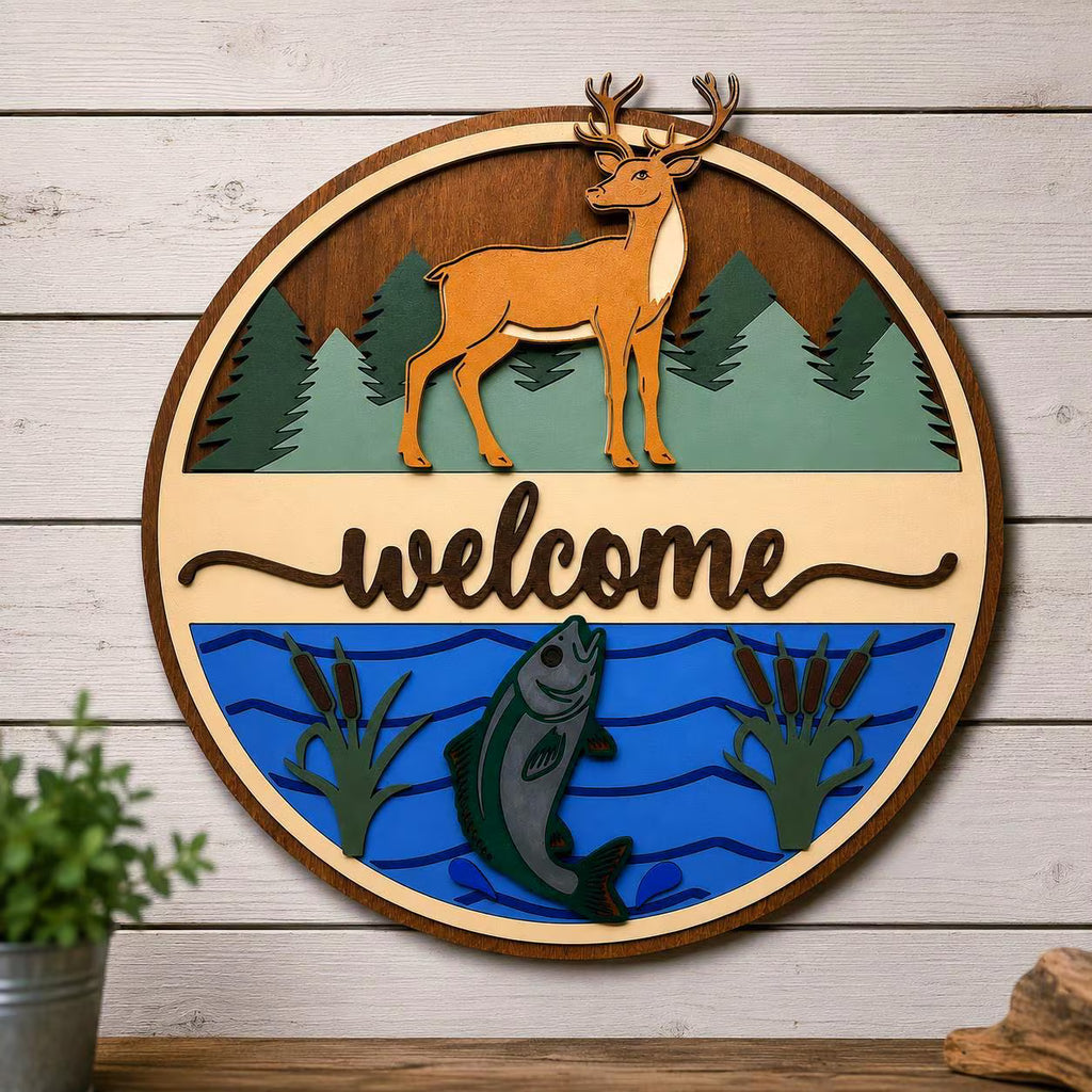 Deer & Fishing Welcome Sign | Cabin Wall Decor | Lake House Welcome Sign