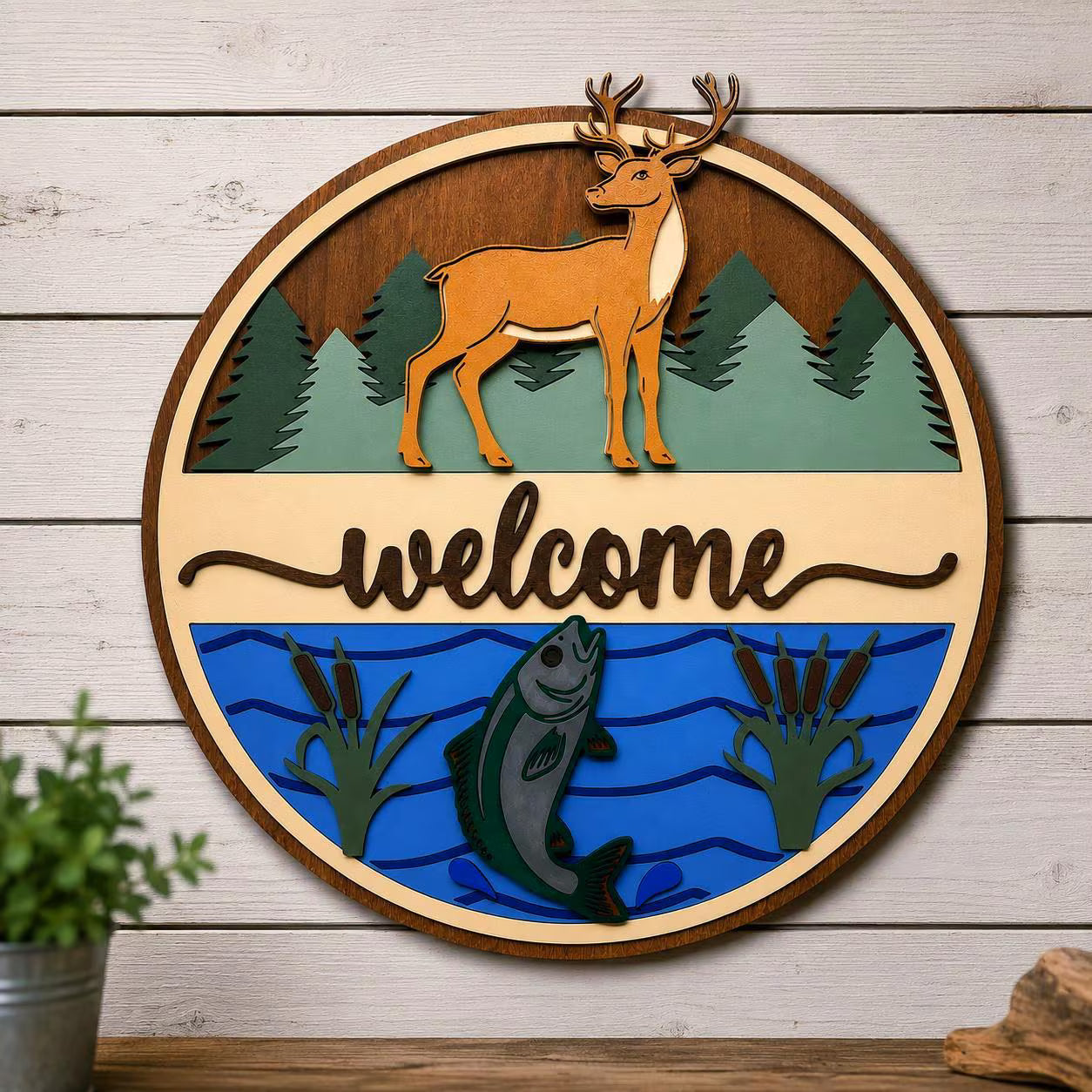 Deer & Fishing Welcome Sign | Cabin Wall Decor | Lake House Welcome Sign
