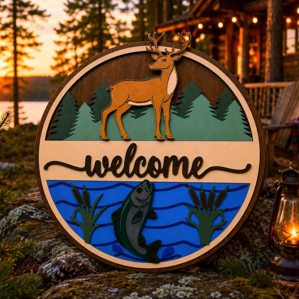 Deer & Fishing Welcome Sign | Cabin Wall Decor | Lake House Welcome Sign