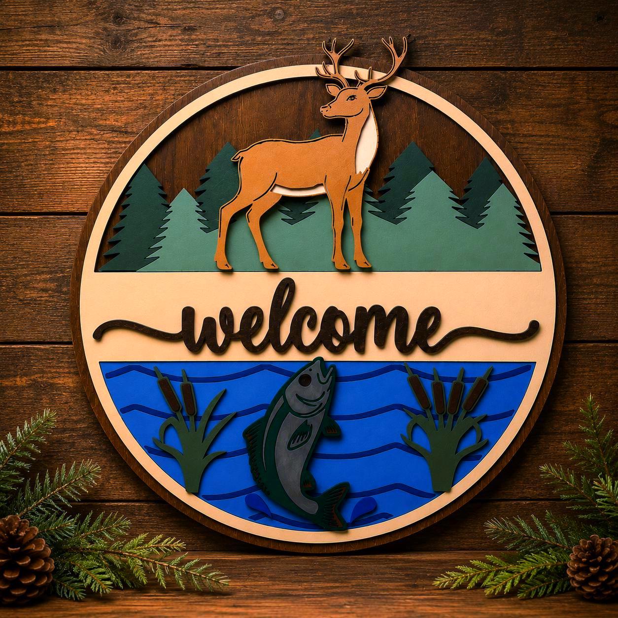 Deer & Fishing Welcome Sign | Cabin Wall Decor | Lake House Welcome Sign