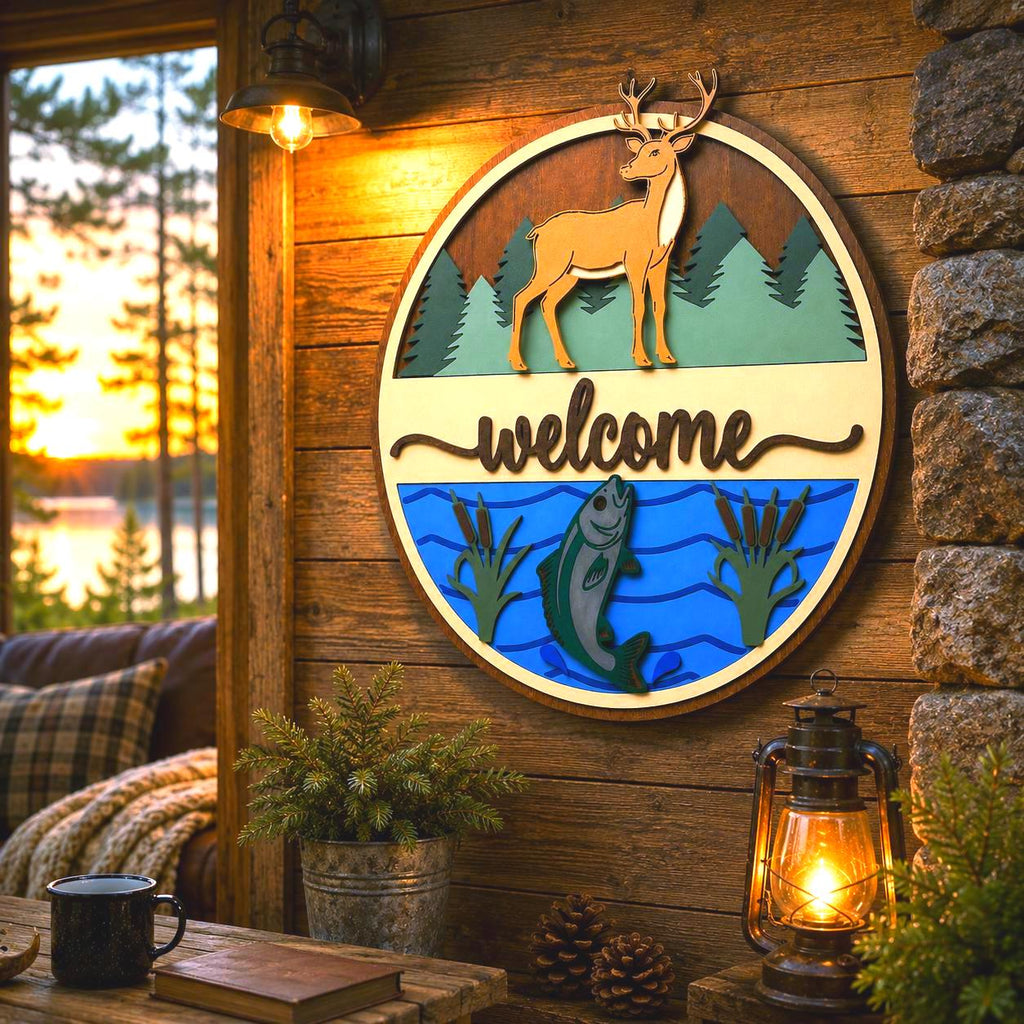 Deer & Fishing Welcome Sign | Cabin Wall Decor | Lake House Welcome Sign