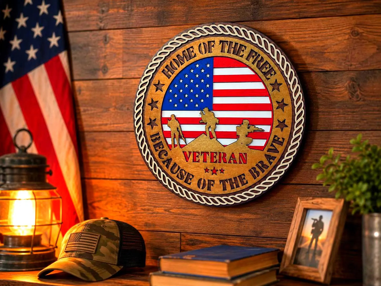 Veteran Wooden Wall Sign | Home of the Free Because of the Brave | Patriotic Military Wall Decor | Layered American Flag Sign
