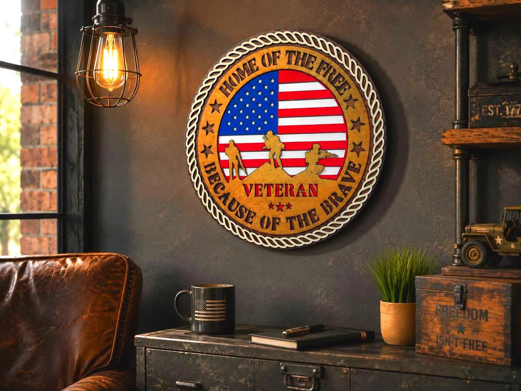 Veteran Wooden Wall Sign | Home of the Free Because of the Brave | Patriotic Military Wall Decor | Layered American Flag Sign