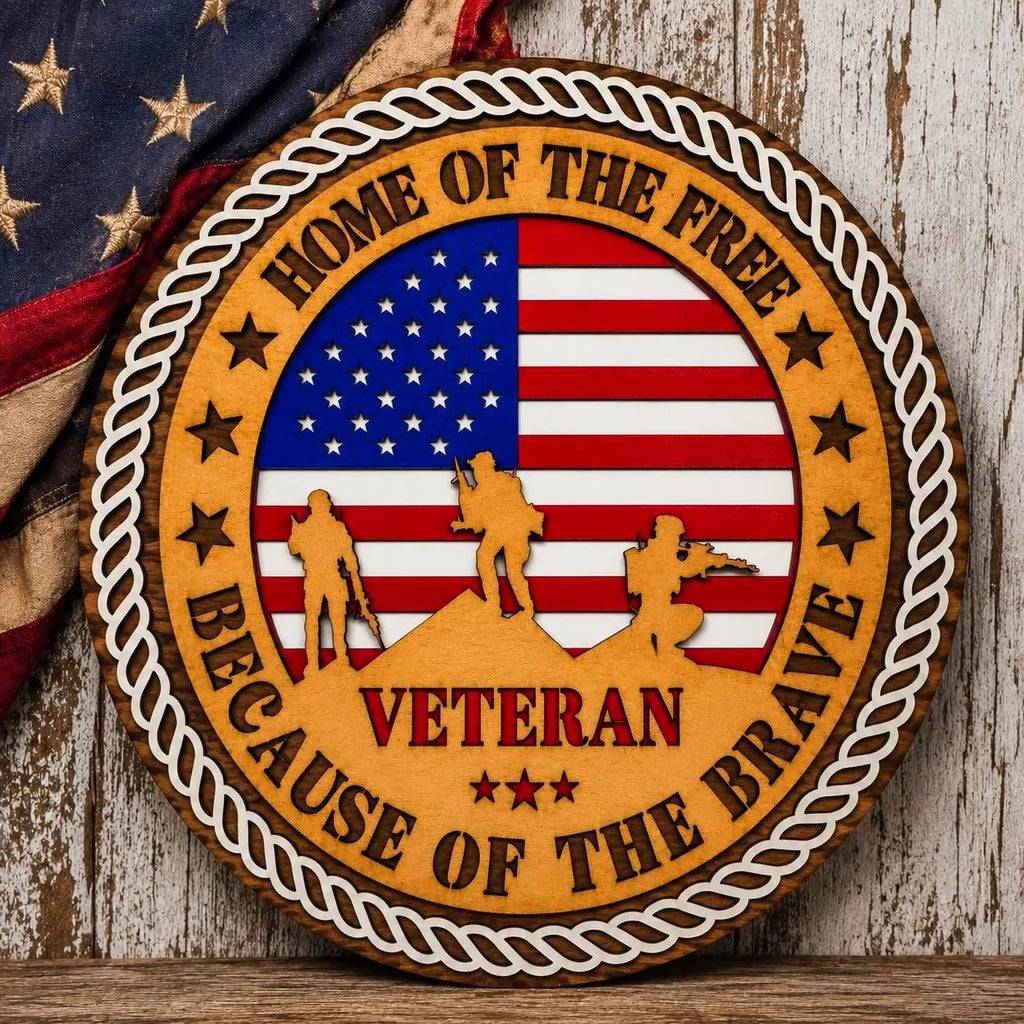Veteran Wooden Wall Sign | Home of the Free Because of the Brave | Patriotic Military Wall Decor | Layered American Flag Sign