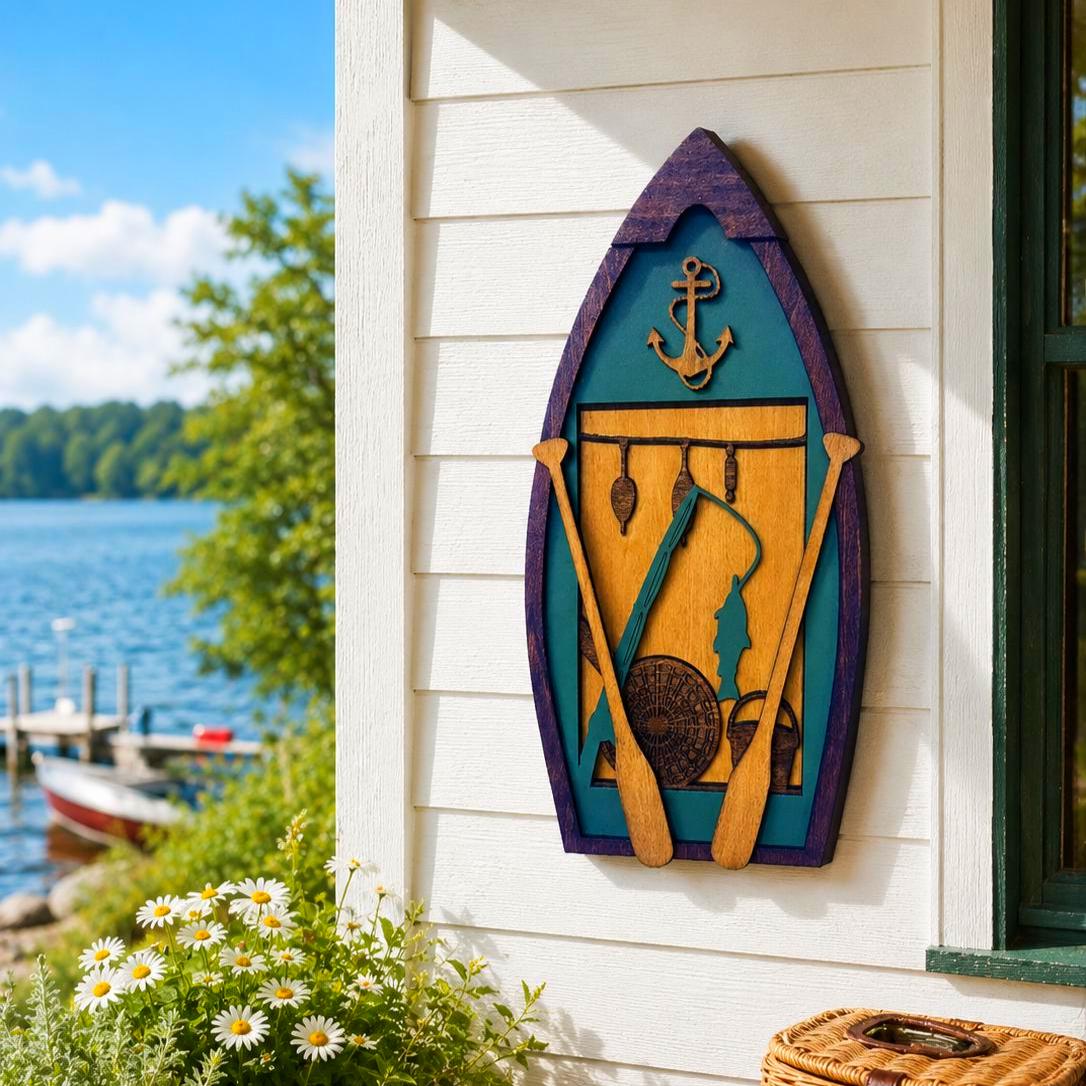 Fishing Boat Wall Decor | Layered Wooden Fishing Sign | Rustic Lake House & Cabin Decor