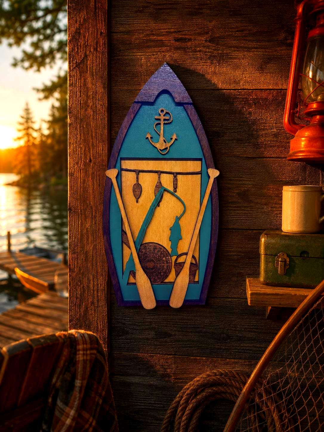Fishing Boat Wall Decor | Layered Wooden Fishing Sign | Rustic Lake House & Cabin Decor
