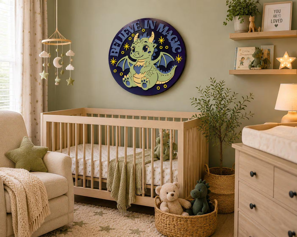 Believe In Magic Dragon Nursery Sign | Layered Wooden Dragon Wall Decor | Fantasy Kids Room Sign | Baby Dragon Nursery Decor