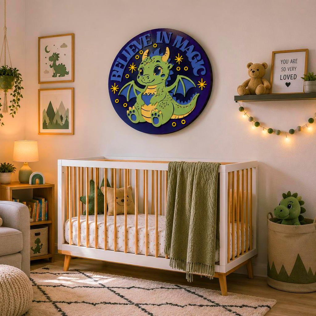 Believe In Magic Dragon Nursery Sign | Layered Wooden Dragon Wall Decor | Fantasy Kids Room Sign | Baby Dragon Nursery Decor