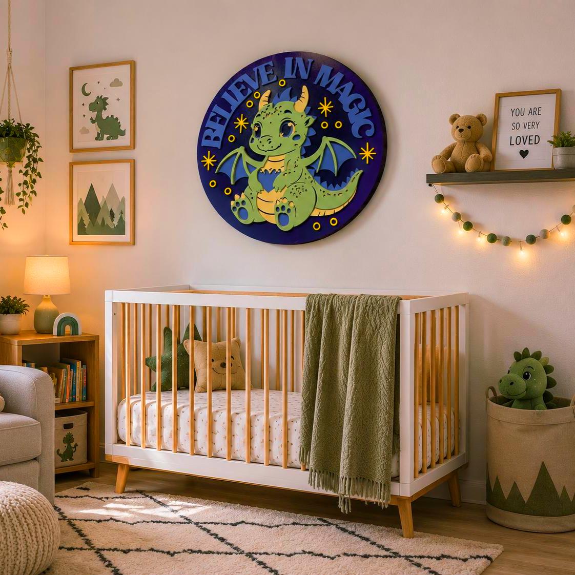 Believe In Magic Dragon Nursery Sign | Layered Wooden Dragon Wall Decor | Fantasy Kids Room Sign | Baby Dragon Nursery Decor