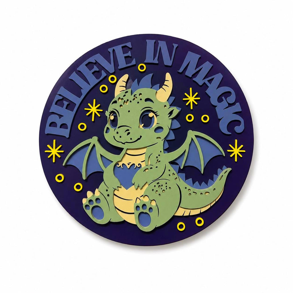 Believe In Magic Dragon Nursery Sign | Layered Wooden Dragon Wall Decor | Fantasy Kids Room Sign | Baby Dragon Nursery Decor