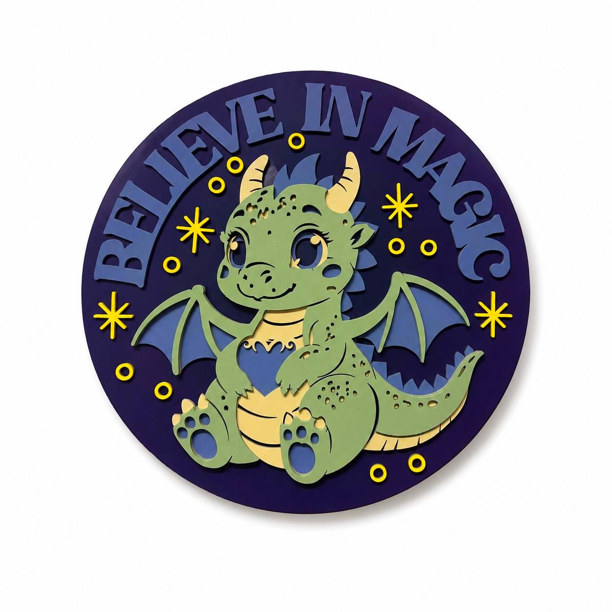 Believe In Magic Dragon Nursery Sign | Layered Wooden Dragon Wall Decor | Fantasy Kids Room Sign | Baby Dragon Nursery Decor