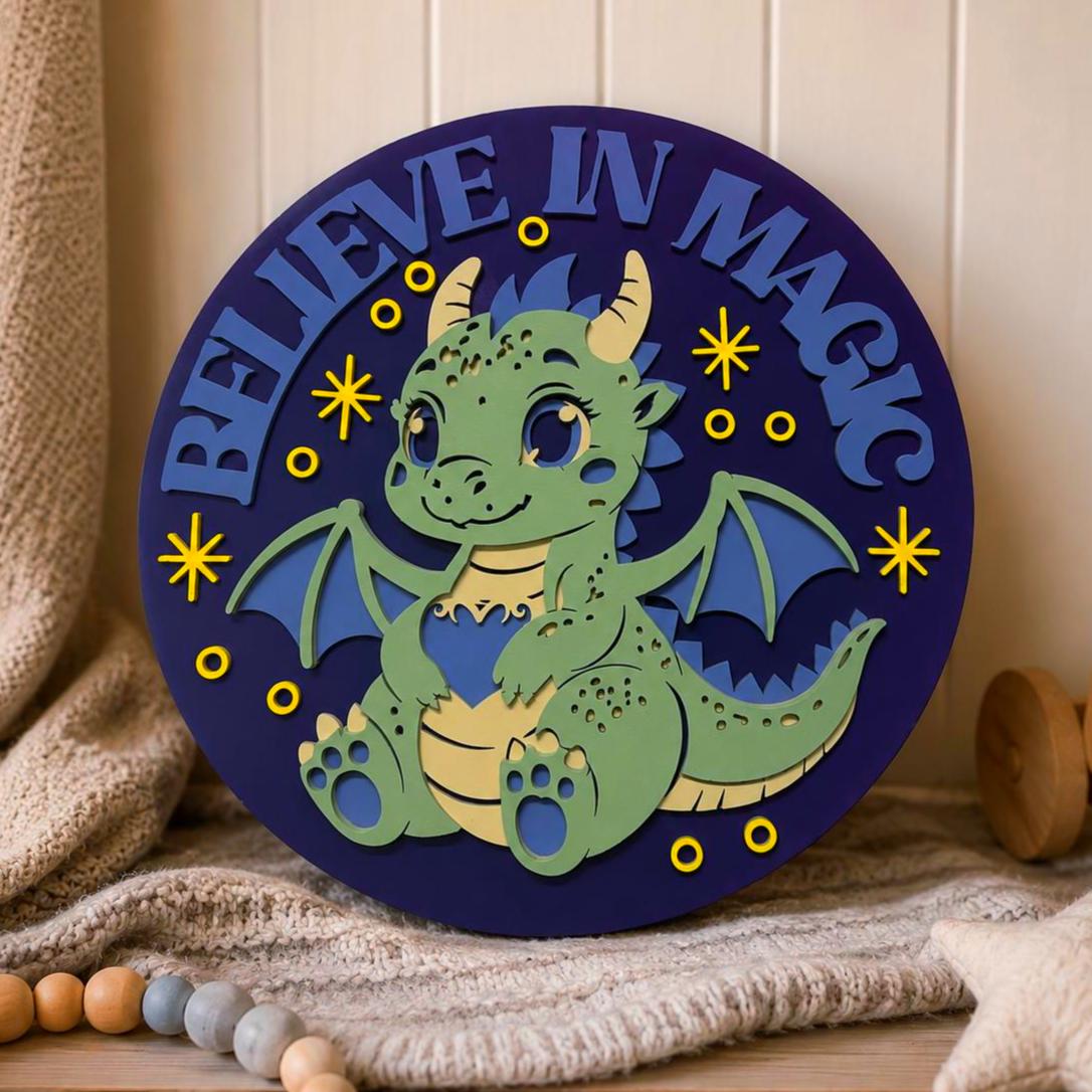 Believe In Magic Dragon Nursery Sign | Layered Wooden Dragon Wall Decor | Fantasy Kids Room Sign | Baby Dragon Nursery Decor