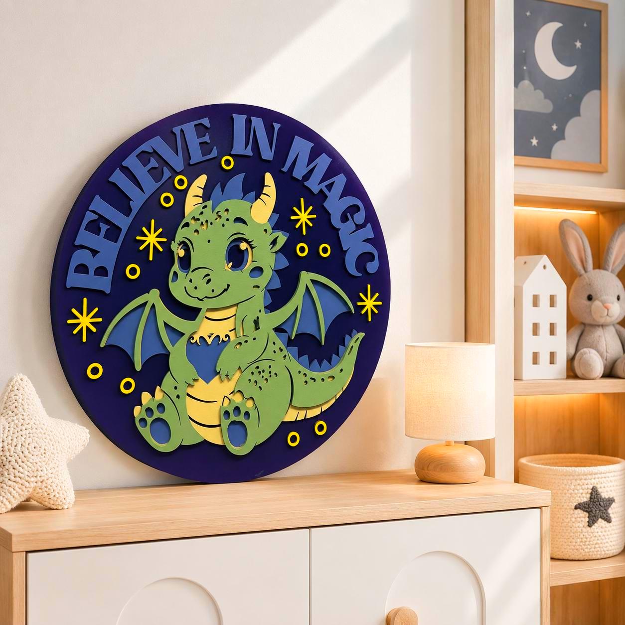 Believe In Magic Dragon Nursery Sign | Layered Wooden Dragon Wall Decor | Fantasy Kids Room Sign | Baby Dragon Nursery Decor