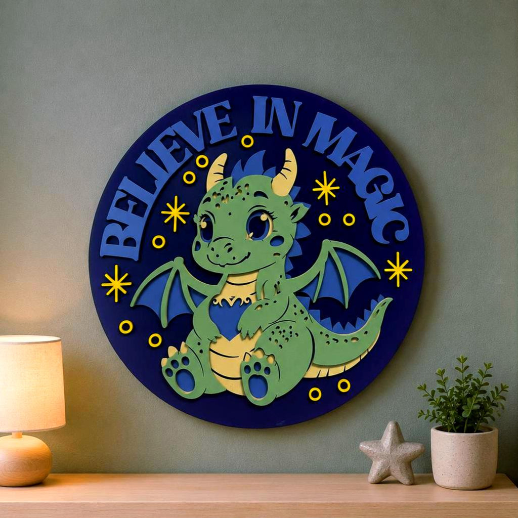 Believe In Magic Dragon Nursery Sign | Layered Wooden Dragon Wall Decor | Fantasy Kids Room Sign | Baby Dragon Nursery Decor