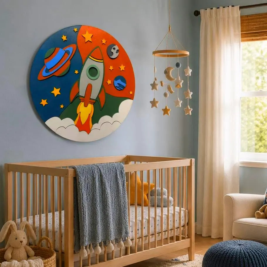 Rocket Ship Wall Decor | Space Nursery Sign | Layered Wooden Rocket Wall Art | Kids Room Decor