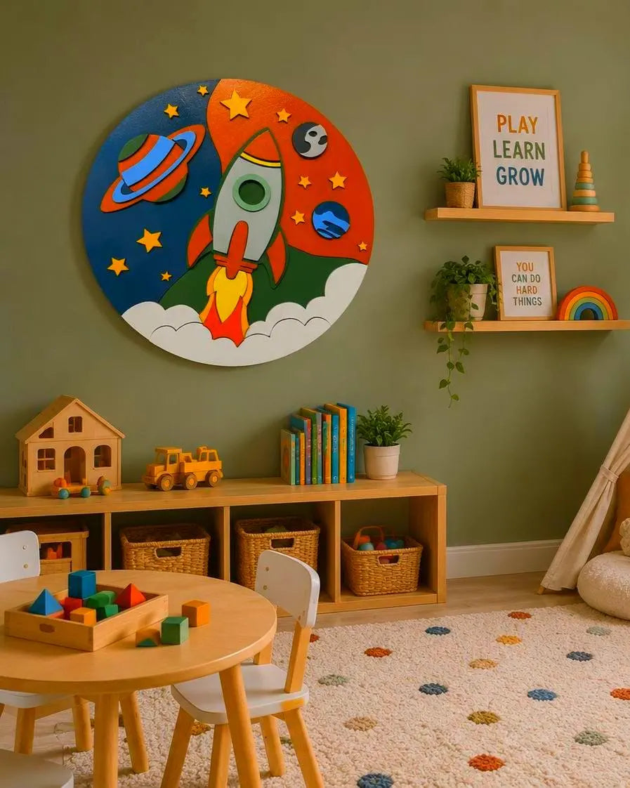 Rocket Ship Wall Decor | Space Nursery Sign | Layered Wooden Rocket Wall Art | Kids Room Decor