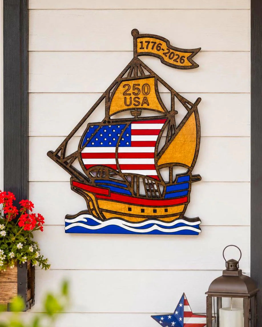 1776–2026 Patriotic Wooden Ship Sign | USA 250 Anniversary Wall Decor | Layered American Flag Ship | Military & Veteran Gift | Patriotic Wall Art