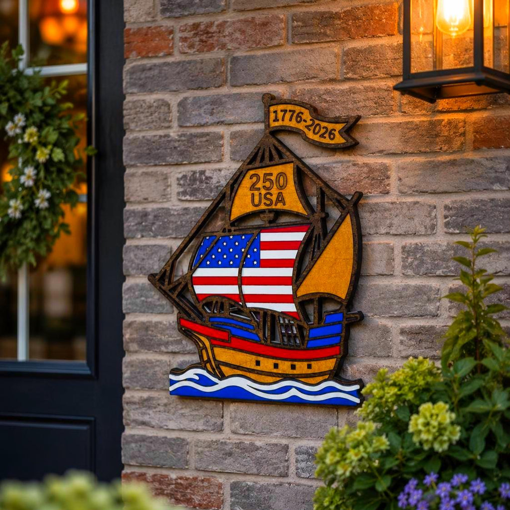 1776–2026 Patriotic Wooden Ship Sign | USA 250 Anniversary Wall Decor | Layered American Flag Ship | Military & Veteran Gift | Patriotic Wall Art