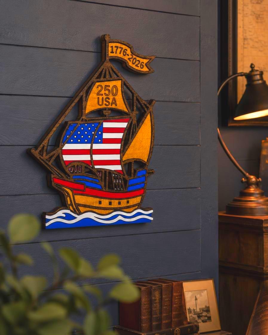 1776–2026 Patriotic Wooden Ship Sign | USA 250 Anniversary Wall Decor | Layered American Flag Ship | Military & Veteran Gift | Patriotic Wall Art