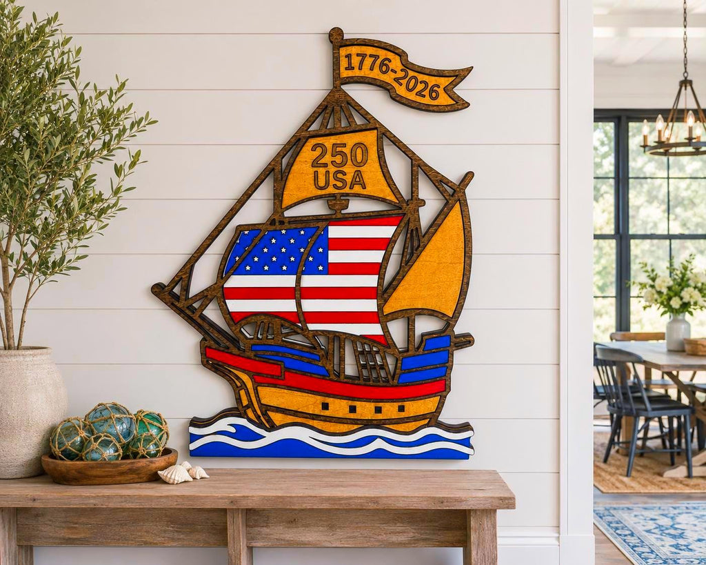 1776–2026 Patriotic Wooden Ship Sign | USA 250 Anniversary Wall Decor | Layered American Flag Ship | Military & Veteran Gift | Patriotic Wall Art