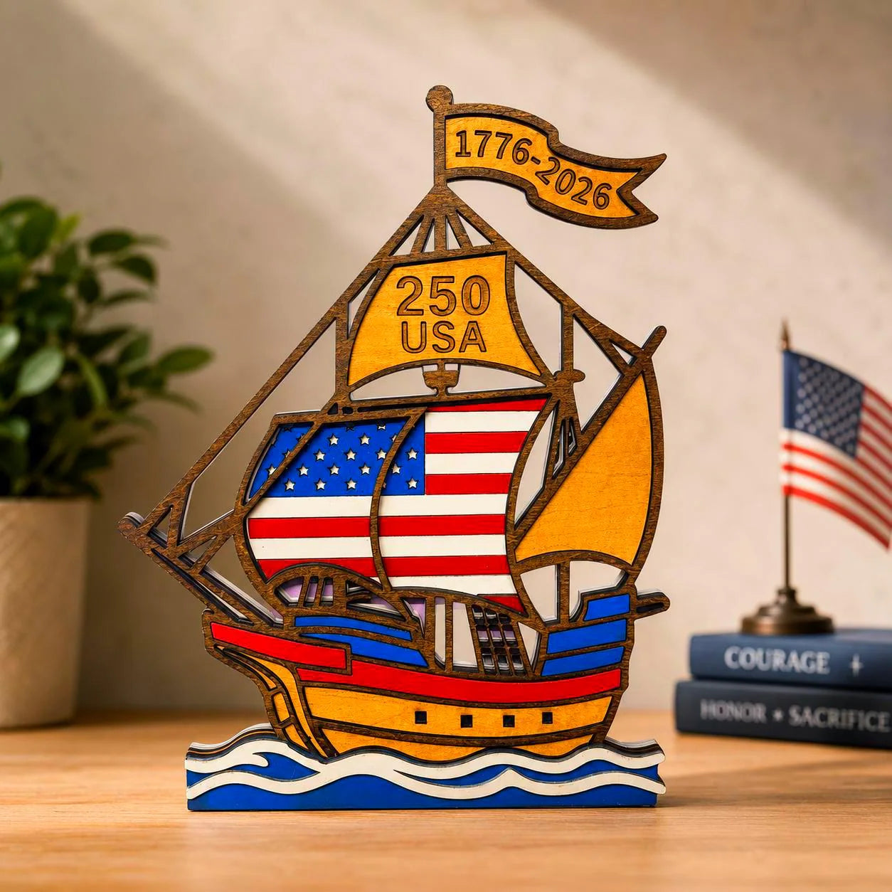 1776–2026 Patriotic Wooden Ship Sign | USA 250 Anniversary Wall Decor | Layered American Flag Ship | Military & Veteran Gift | Patriotic Wall Art