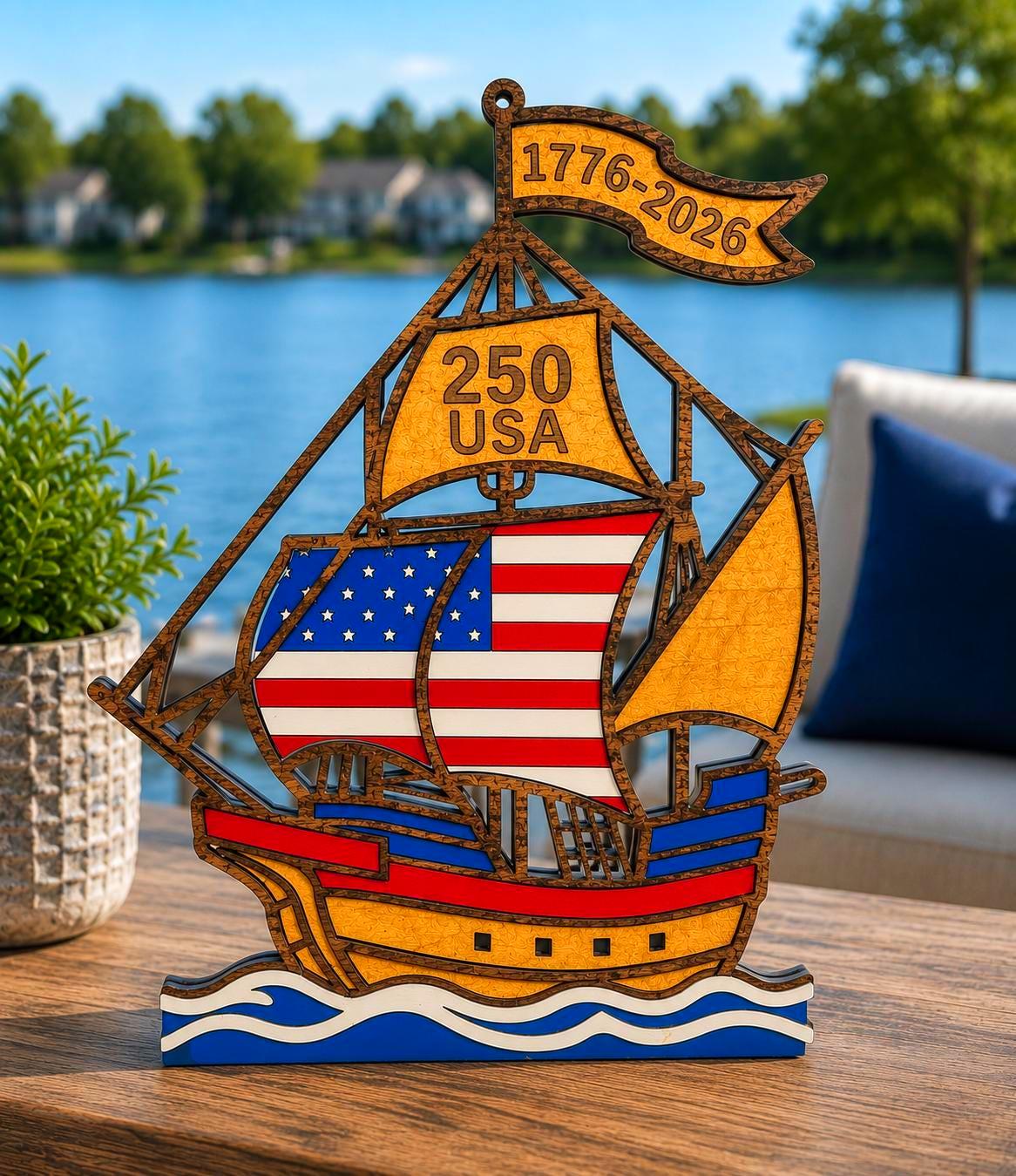 1776–2026 Patriotic Wooden Ship Sign | USA 250 Anniversary Wall Decor | Layered American Flag Ship | Military & Veteran Gift | Patriotic Wall Art