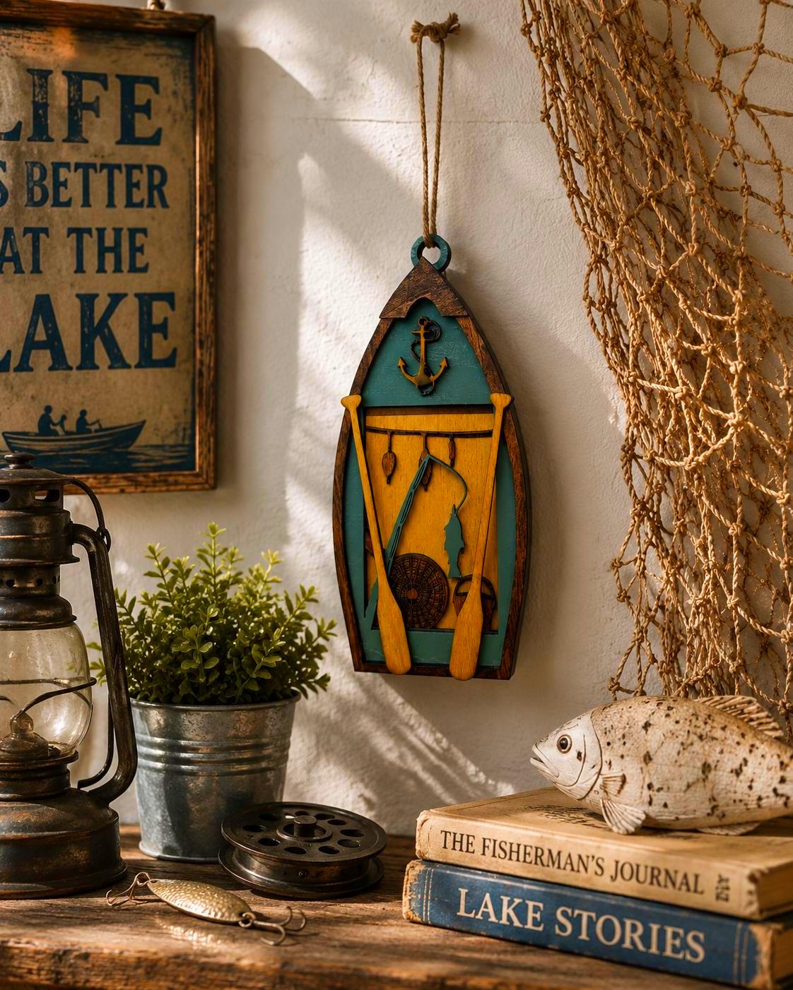 Fishing Boat Ornament | Lake Cabin Ornament | Fishing Christmas Tree Ornament | Layered Wooden Nautical Decor