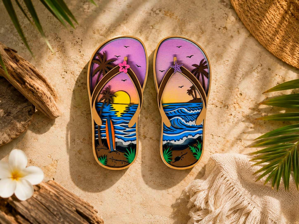 Tropical Flip Flop Wall Decor | Beach Sunset Sandals | Coastal Wooden Wall Art | 5 Layer Sign