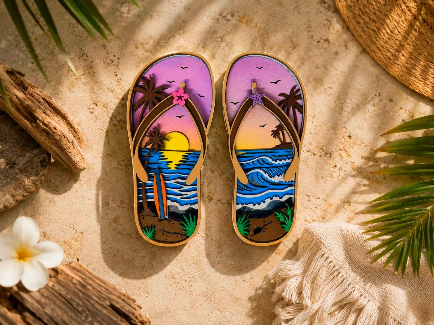 Tropical Flip Flop Wall Decor | Beach Sunset Sandals | Coastal Wooden Wall Art | 5 Layer Sign