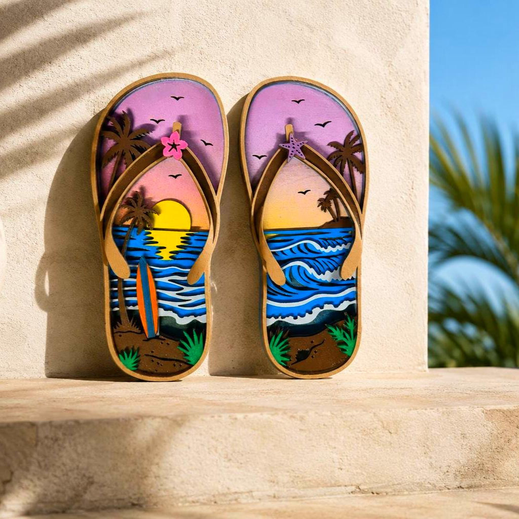 Tropical Flip Flop Wall Decor | Beach Sunset Sandals | Coastal Wooden Wall Art | 5 Layer Sign