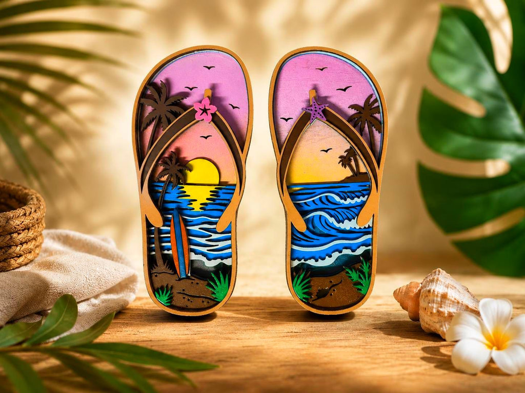 Tropical Flip Flop Wall Decor | Beach Sunset Sandals | Coastal Wooden Wall Art | 5 Layer Sign
