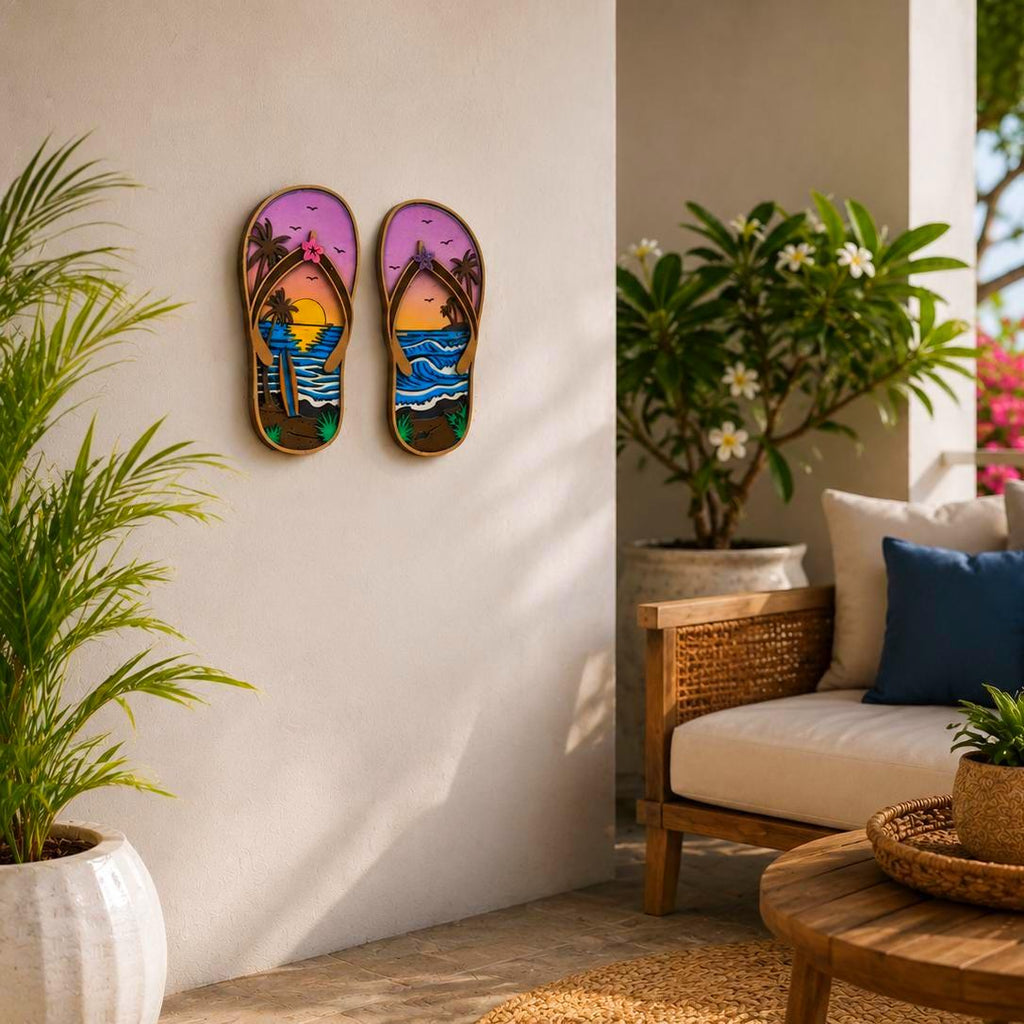Tropical Flip Flop Wall Decor | Beach Sunset Sandals | Coastal Wooden Wall Art | 5 Layer Sign