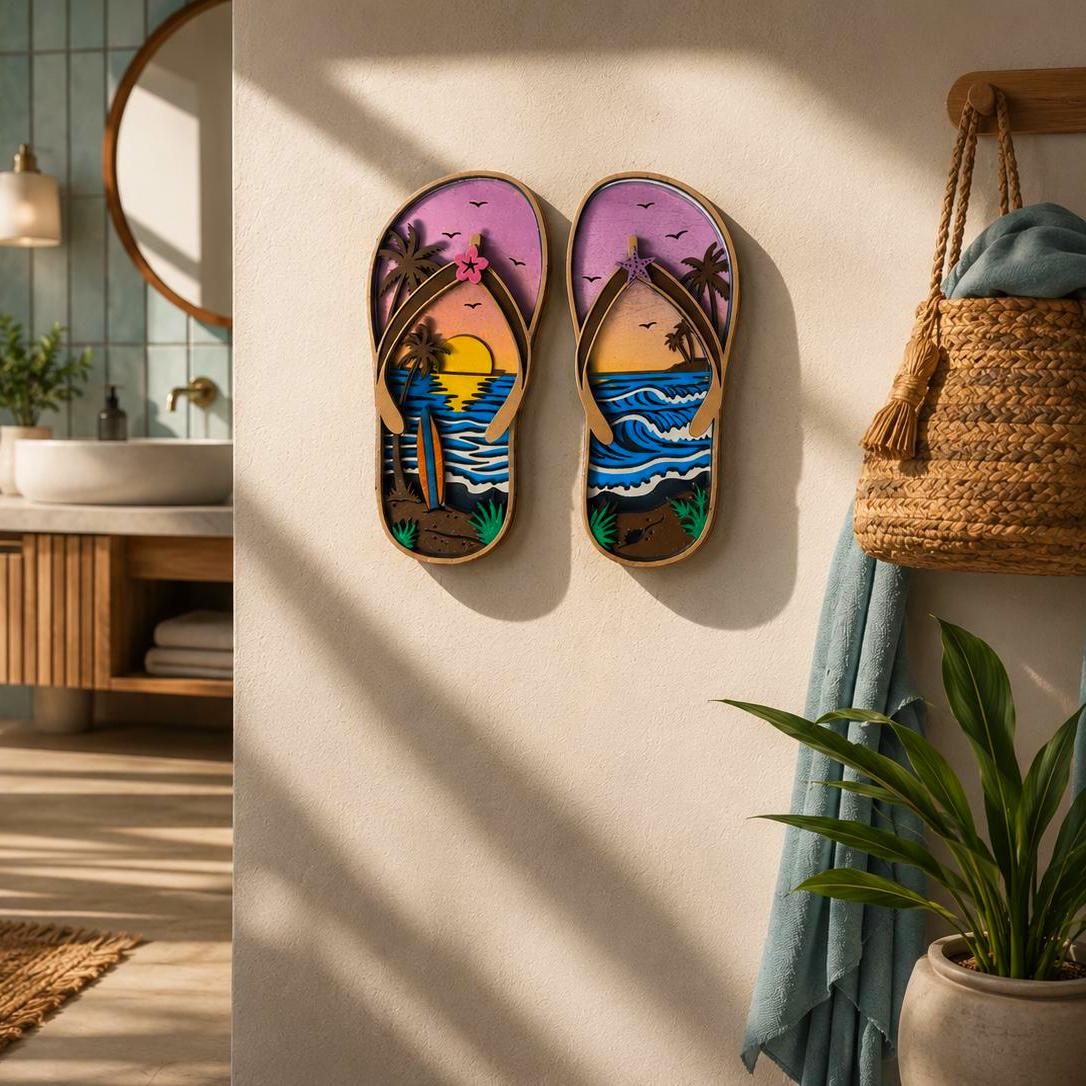 Tropical Flip Flop Wall Decor | Beach Sunset Sandals | Coastal Wooden Wall Art | 5 Layer Sign