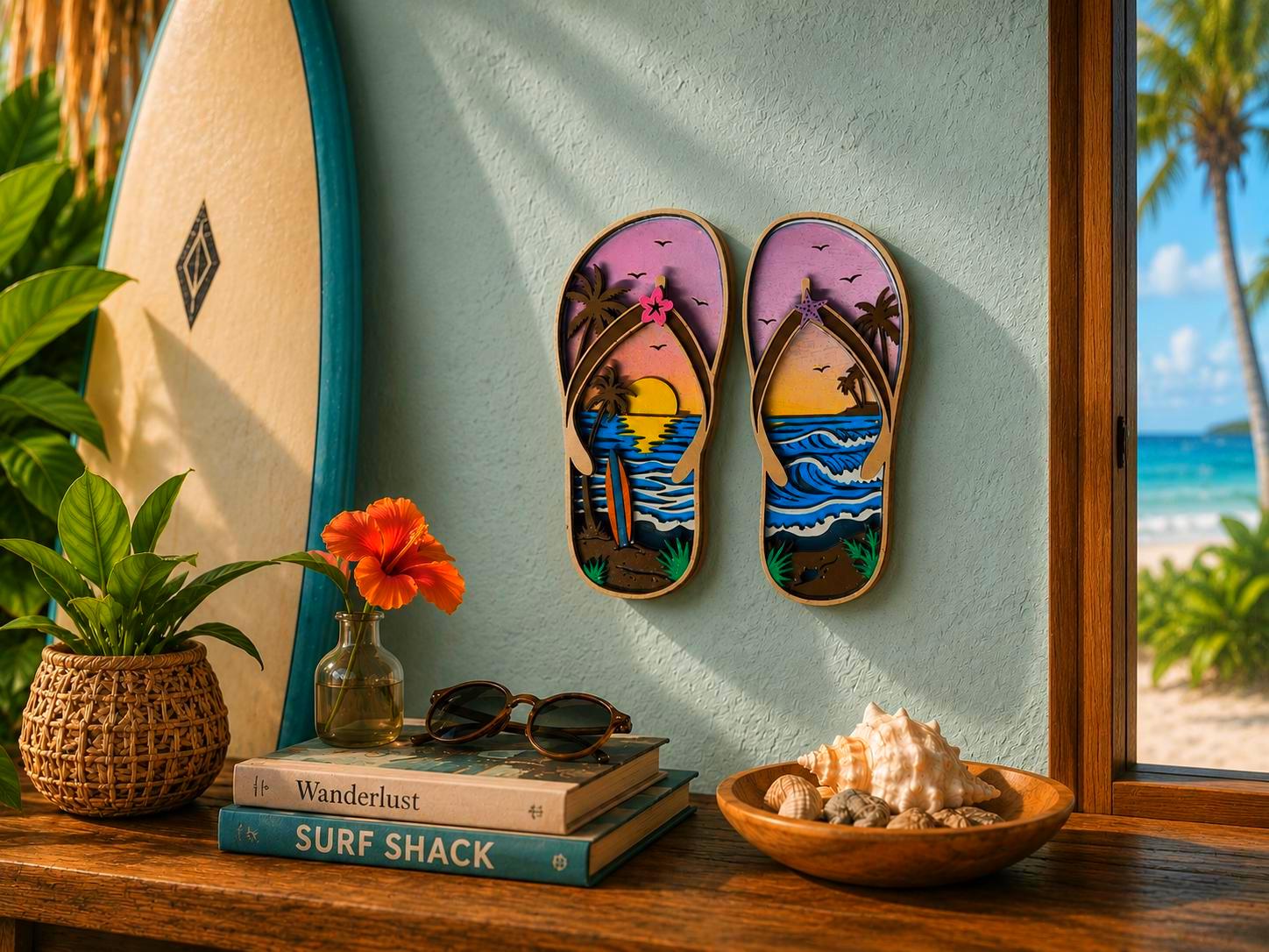 Tropical Flip Flop Wall Decor | Beach Sunset Sandals | Coastal Wooden Wall Art | 5 Layer Sign