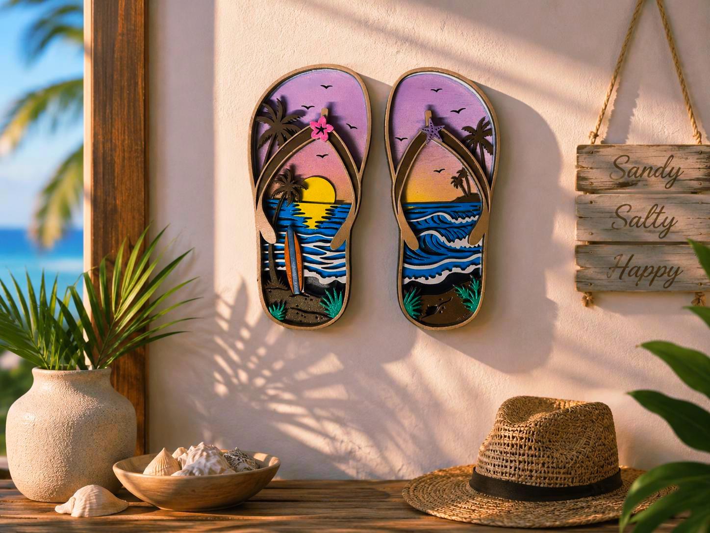 Tropical Flip Flop Wall Decor | Beach Sunset Sandals | Coastal Wooden Wall Art | 5 Layer Sign