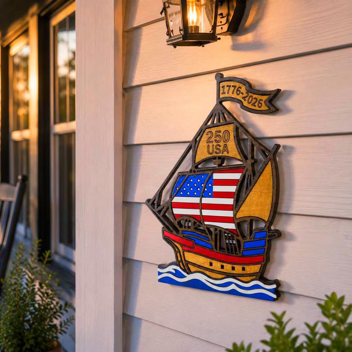 1776–2026 Patriotic Wooden Ship Sign | USA 250 Anniversary Wall Decor | Layered American Flag Ship | Military & Veteran Gift | Patriotic Wall Art