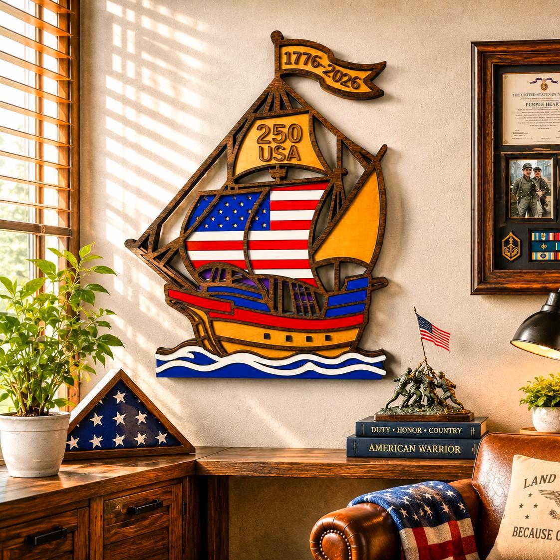 1776–2026 Patriotic Wooden Ship Sign | USA 250 Anniversary Wall Decor | Layered American Flag Ship | Military & Veteran Gift | Patriotic Wall Art